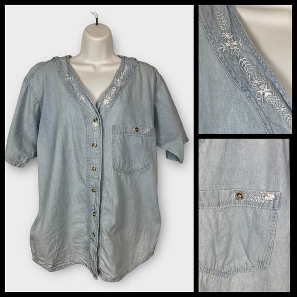 Vintage 90s Miramax Chambray Denim Sort Sleeve Button Top Embroidered Medium - Picture 1 of 7